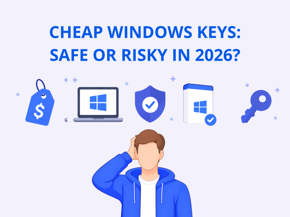 cheap windows keys safe or risky 2026 illustration with pricing, security, and activation icons