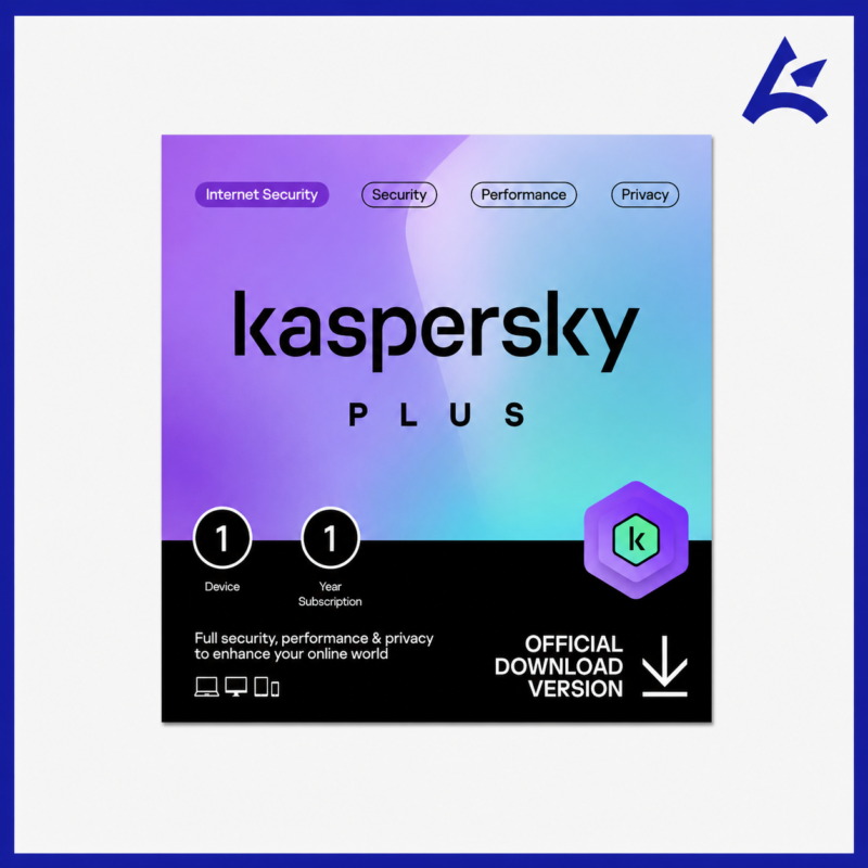 Kaspersky Plus antivirus software product box with advanced security and privacy protection