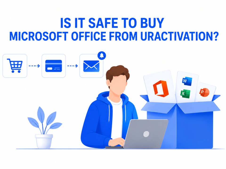 Is It Safe to Buy Microsoft Office from Uractivation? Illustration showing secure Microsoft Office purchase and digital software delivery.