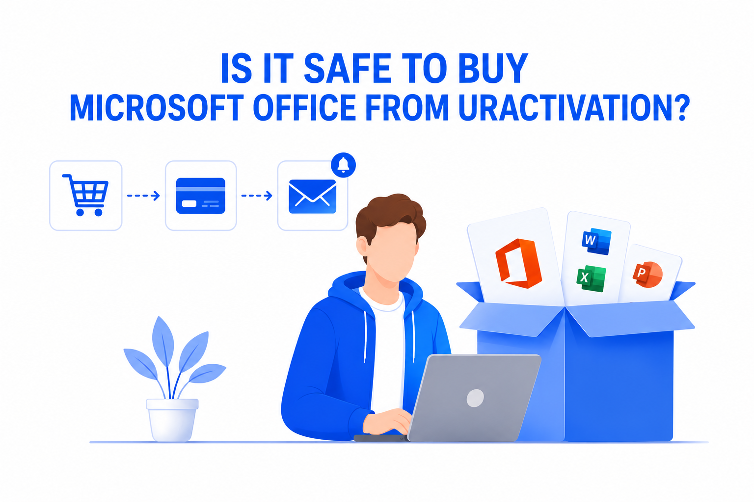 Is It Safe to Buy Microsoft Office from Uractivation? Illustration showing secure Microsoft Office purchase and digital software delivery.