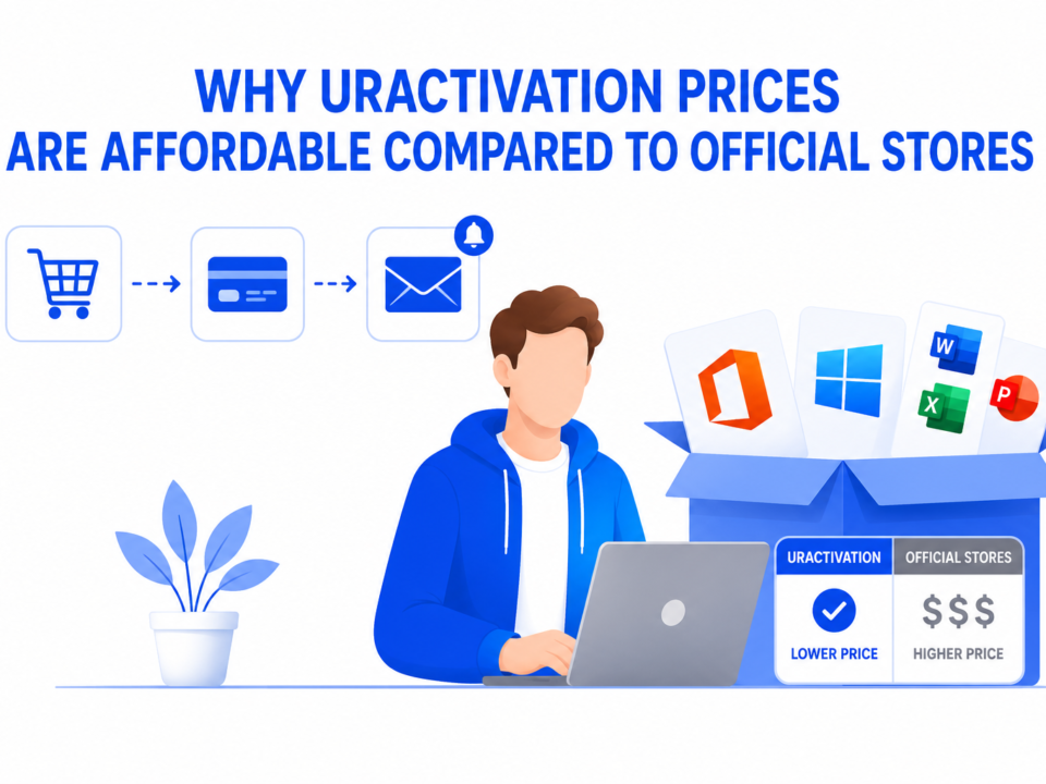 Why Uractivation Prices Are Affordable Compared to Official Stores illustration showing affordable digital software prices and online delivery.