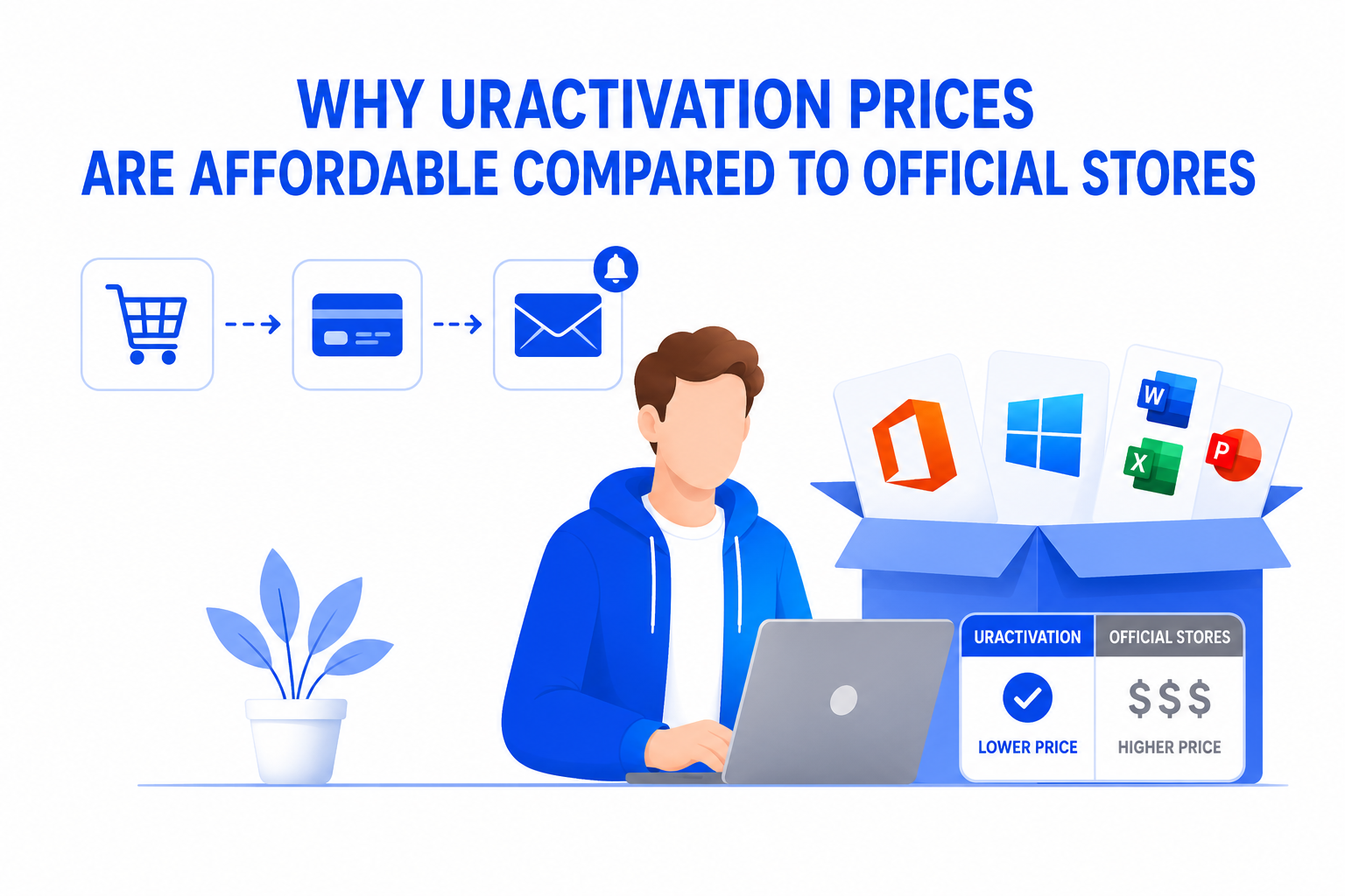 Why Uractivation Prices Are Affordable Compared to Official Stores illustration showing affordable digital software prices and online delivery.