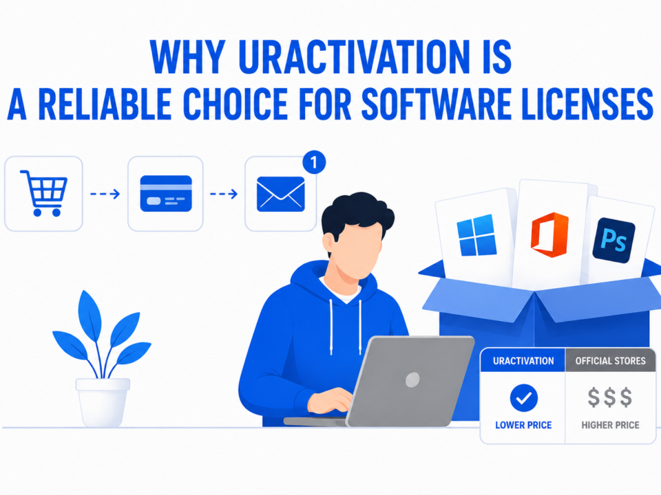 Why Uractivation Is a Reliable Choice for Software Licenses illustration showing secure software purchase and digital software delivery.