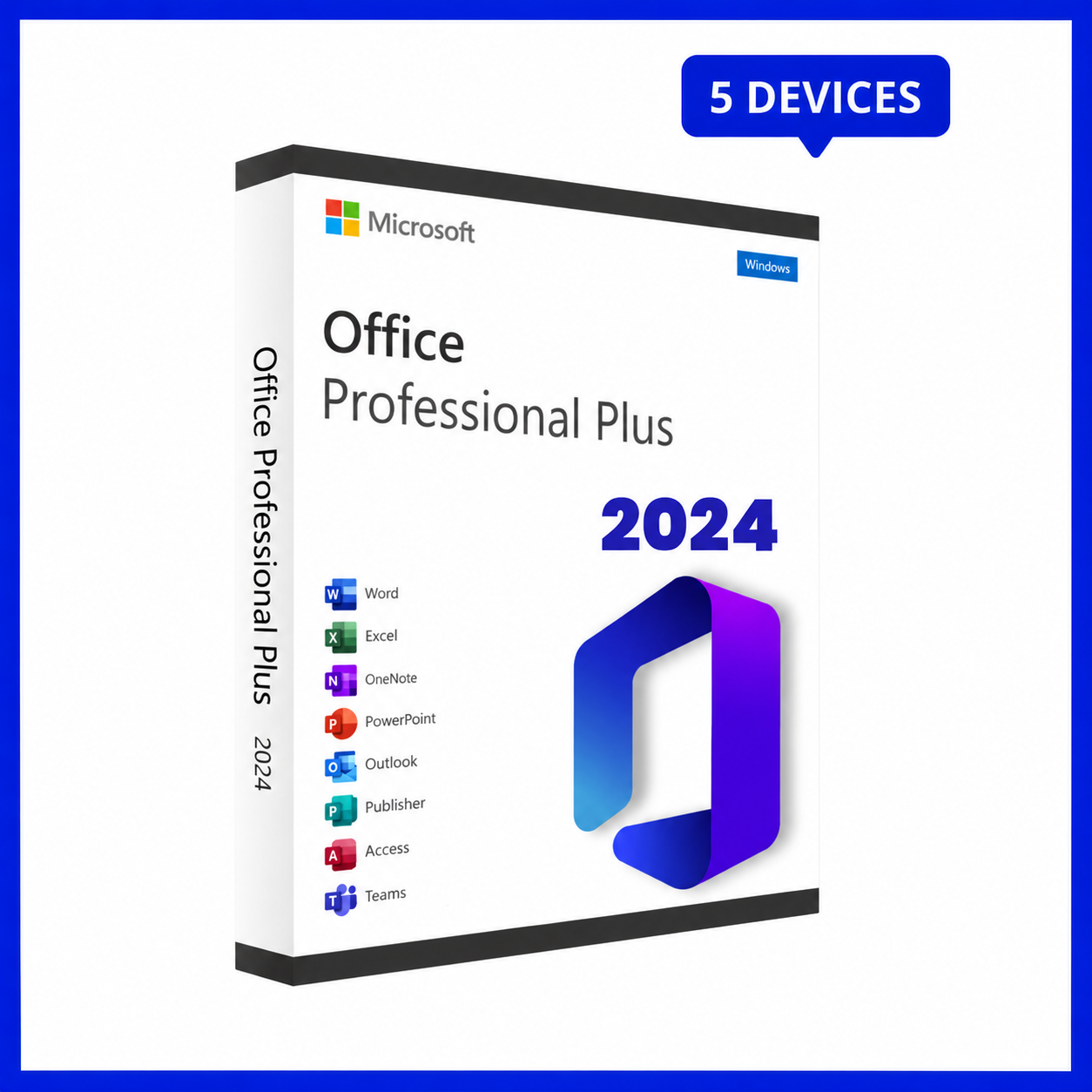 Microsoft Office 2024 Pro Plus – Windows – 5 Devices product box with blue frame.