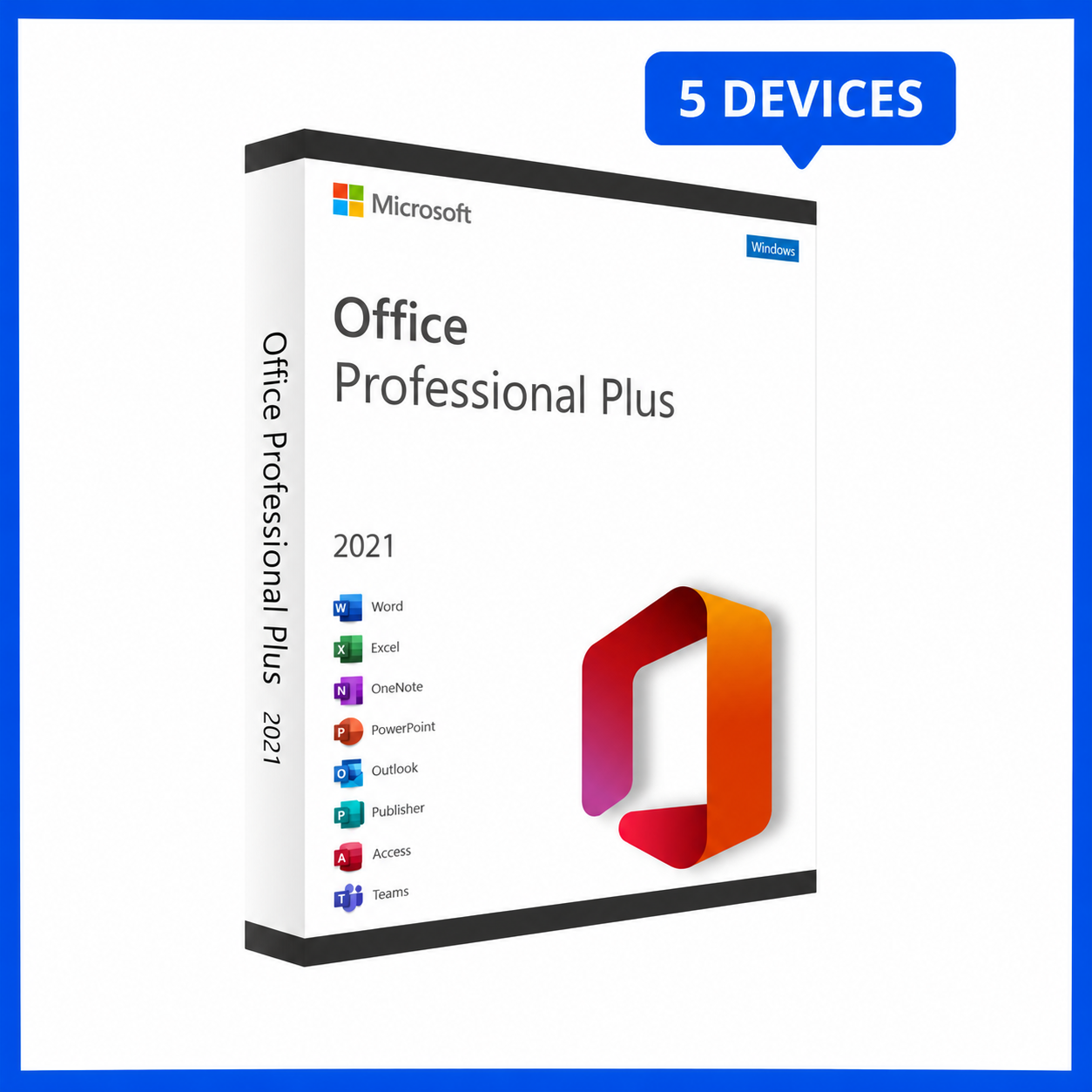 give me an alt text with this keyword Microsoft Office 2021 Pro Plus – Windows – 5 Devices product box with blue frame and lifetime license for Windows PCs.